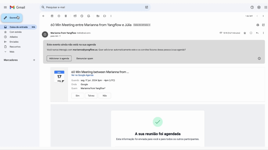 Tela de e-mail no Gmail mostrando o agendamento de uma reunião de 60 minutos.